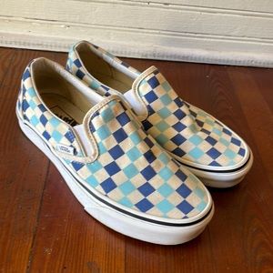 Vans Classic Slip On Checkerboard Blue Topaz White Canvas Shoes Size 7.5